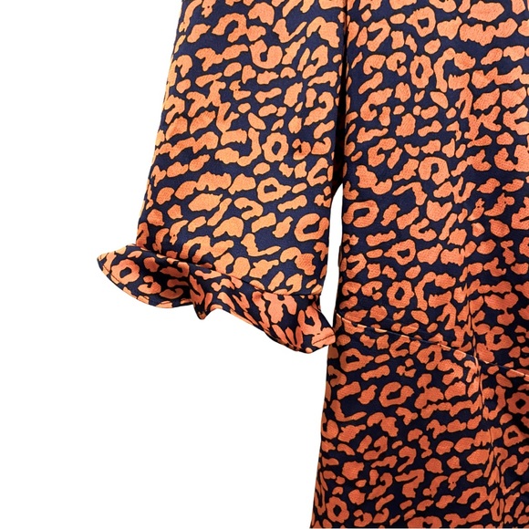BOOHOO Navy & Orange Ruffled Wrap Dress Half Sleeves Sleek Satiny Short Length - Picture 12 of 15